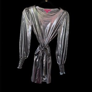 Betsey Johnson Shiny Silver Long Sleeve mini Dress belted waist XS